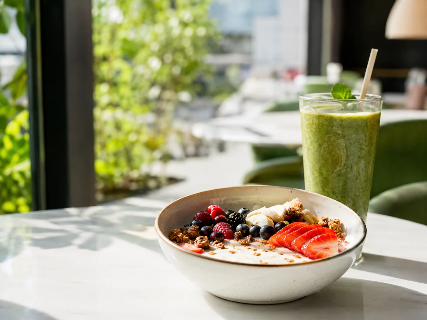 Bowl de fruta con granola y smoothie verde a la luz natural
